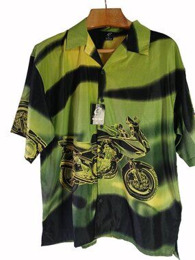 Vintage Claudio Nucci Mens XL Green Black Motorcycle Print Button Up Shirt Y2K